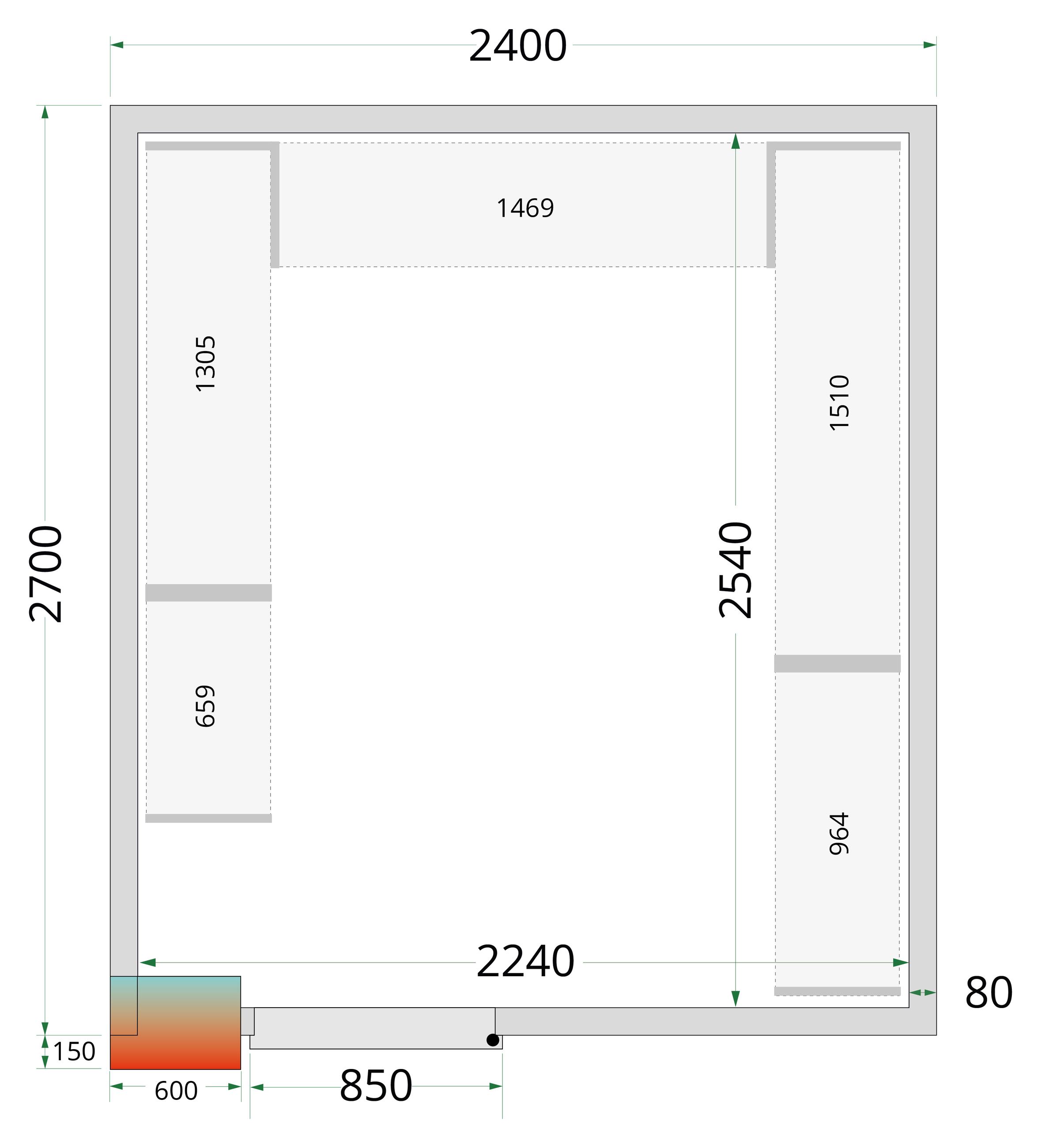 Chambre froide positive isolation 42 kg/m³ porte 850 mm - CRPF2427WD - Tefcold