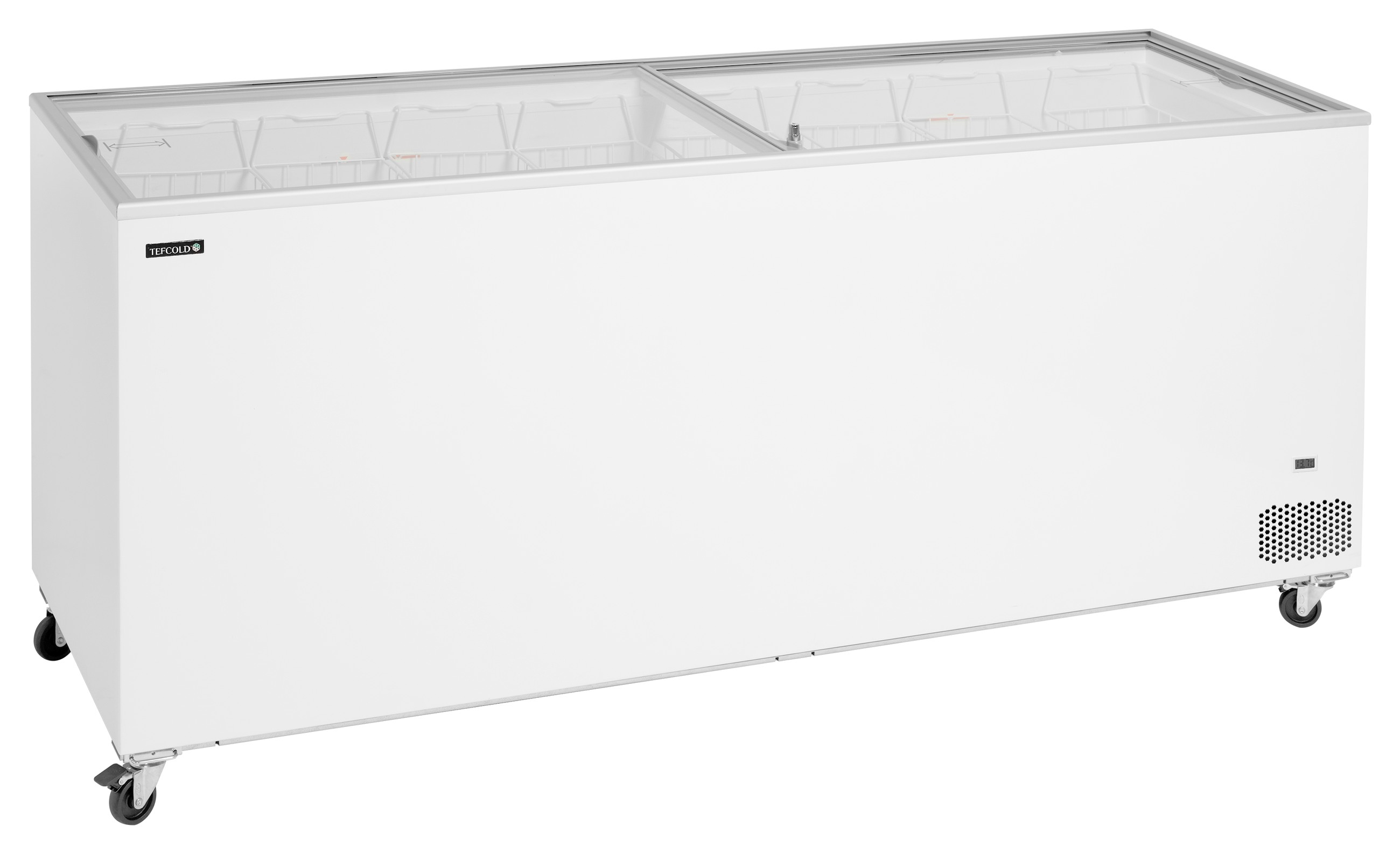 Congélateur coffre professionnel couvercles coulissants vitrés plats 560 L positif 4 roulettes - IC702SC - Tefcold