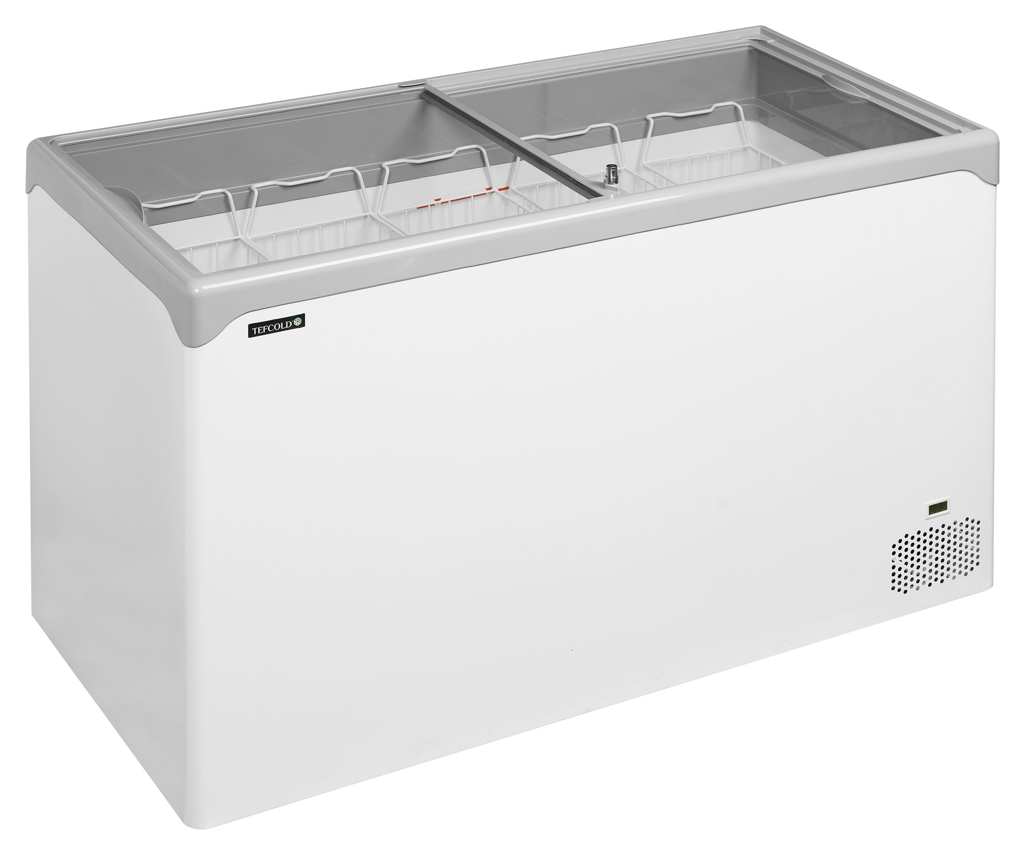 Congélateur coffre professionnel couvercles coulissants vitrés plats 298 litres capacité nette 4 roulettes freins - NIC402SC - Tefcold