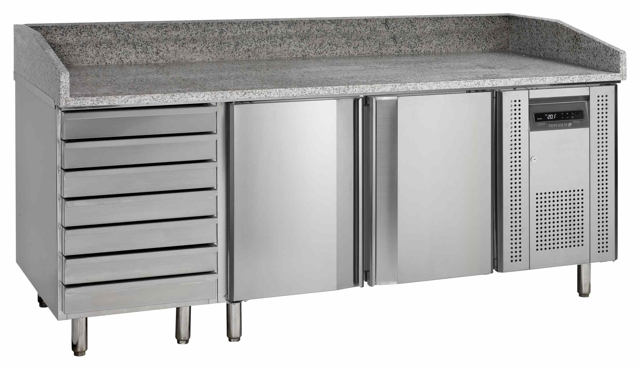 Comptoir à pizza professionnel avec dessus en granite, 2 portes à température ambiante positif - PT1310 - Tefcold